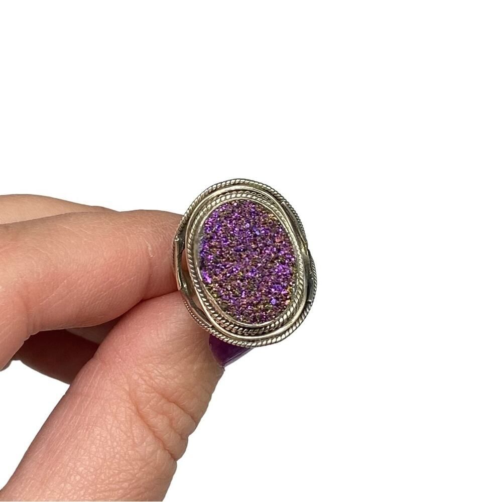 Purple Druzy Ring Solid Sterling Silver 925 Size 6 Natural Stone Oval Boho